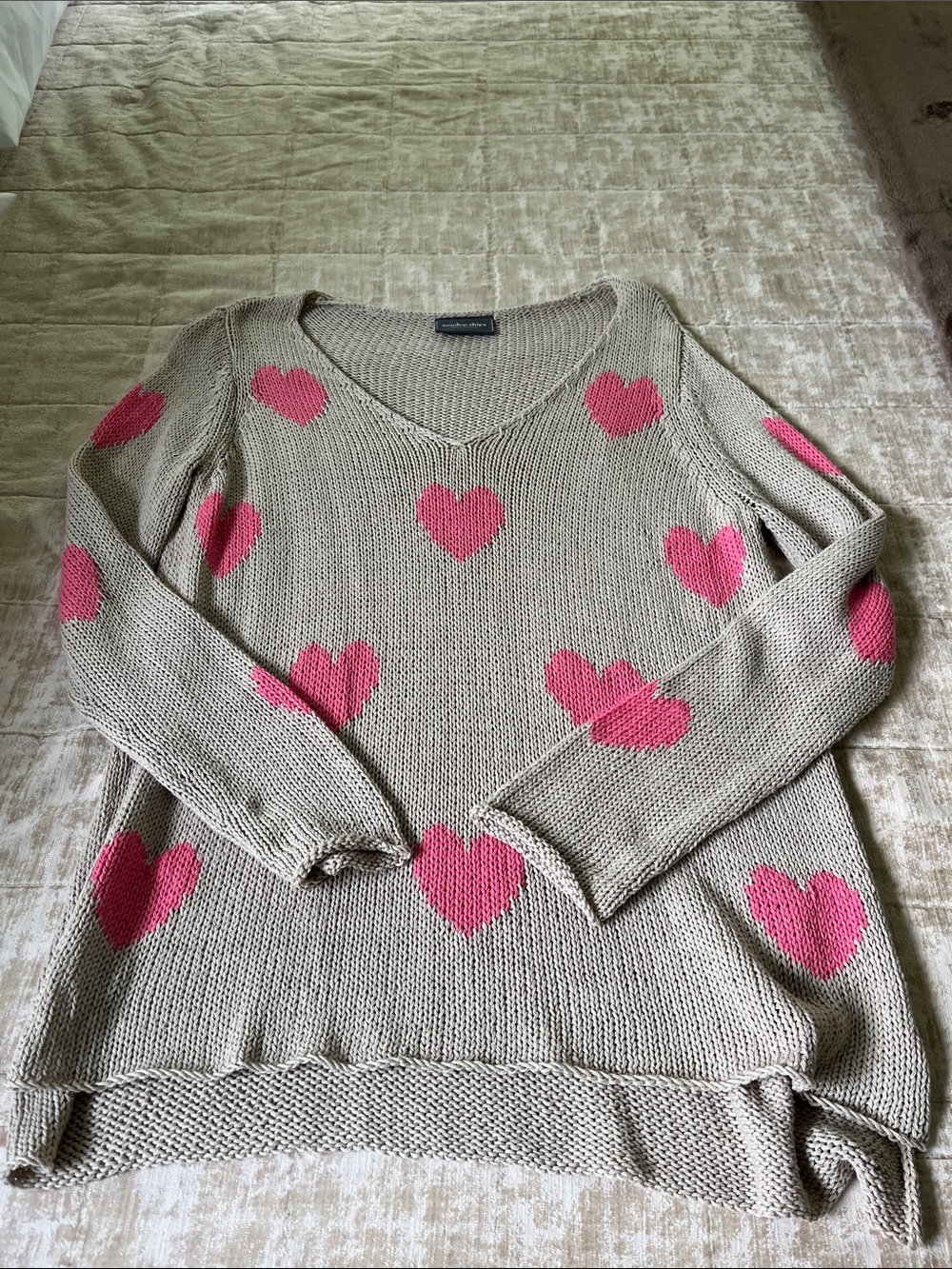Wooden Ships Taupe Sweater with Pink Heart Motif Size X/S